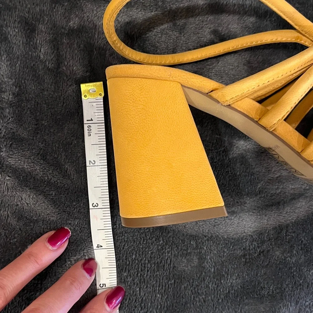 Free People strapped cinched block heel sandals. Leather. Caged style. Yellow 36